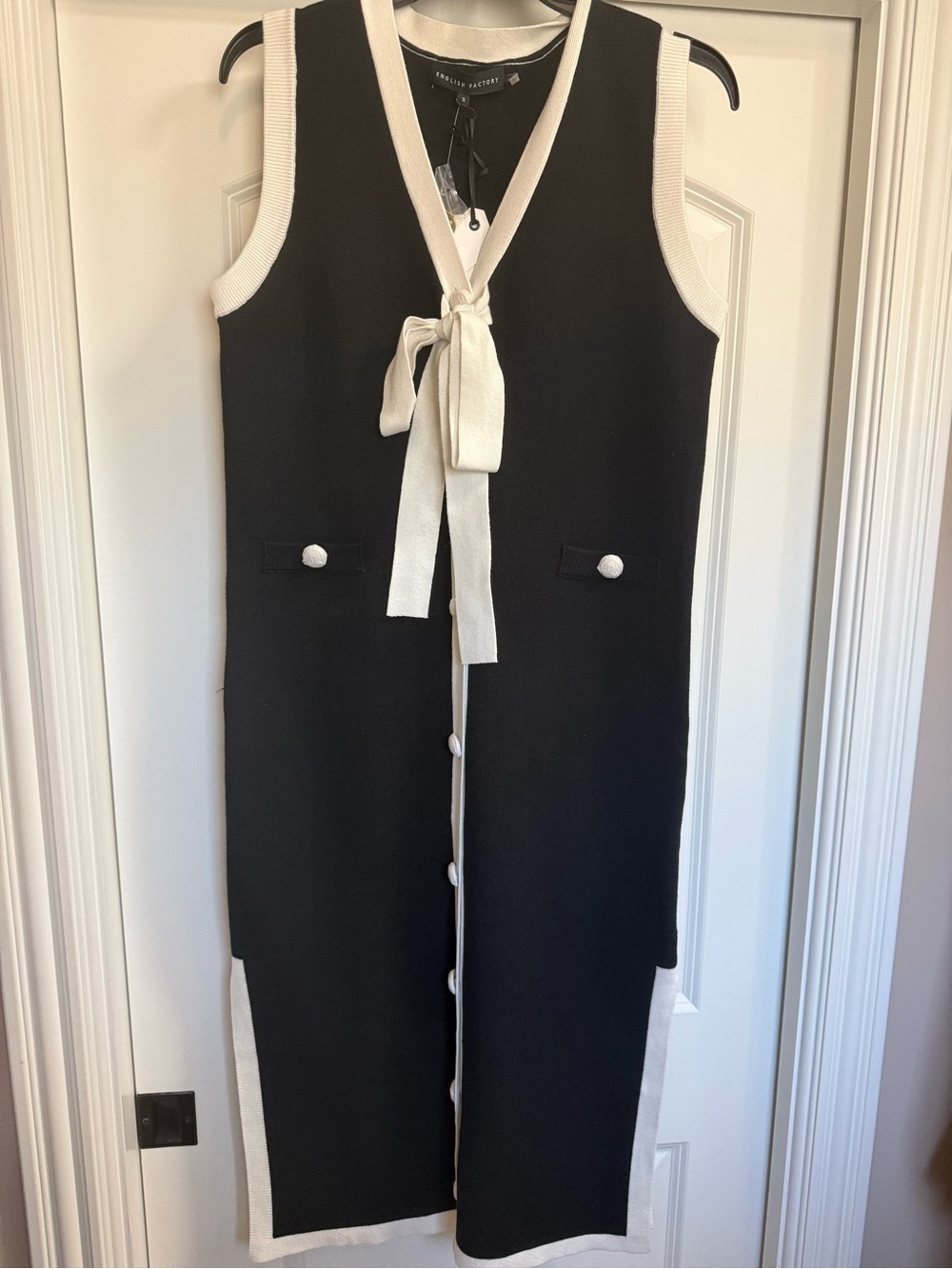 English Factory Black Dress with White Trim and Tie Detail
